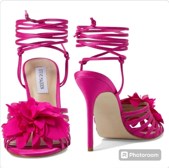 Steve Madden Jolisa Pink Sandals Satin Flower Ankle Wrap Stiletto New sz 8 - Picture 3 of 12